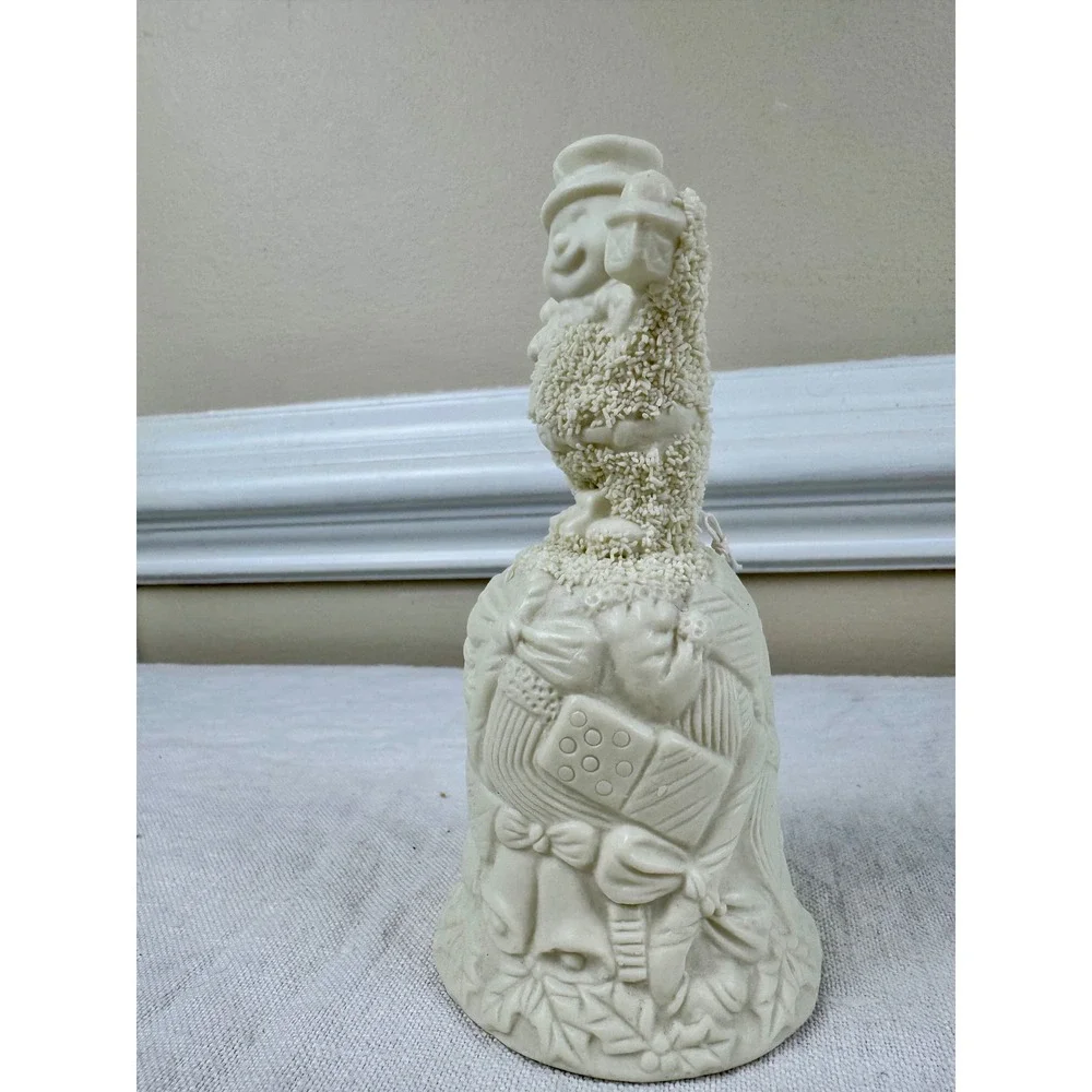 Vintage Cream Bisque Porcelain Snowman Christmas Bell Holiday Decor Relief